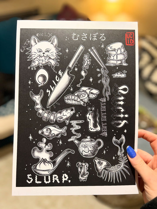 Japanese Food Flash Print in Black & White