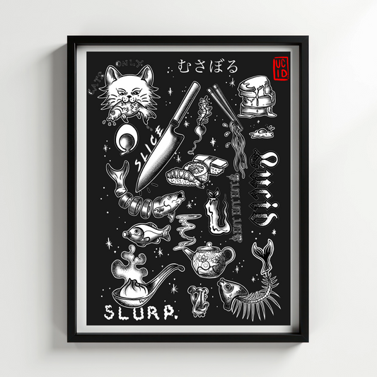 Japanese Food Flash Print in Black & White